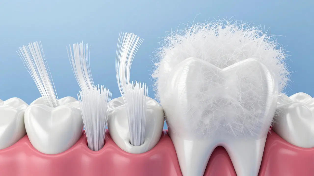 Srovnání agresivních nylonových štětin s jemnými vlákny Curen na zubech.