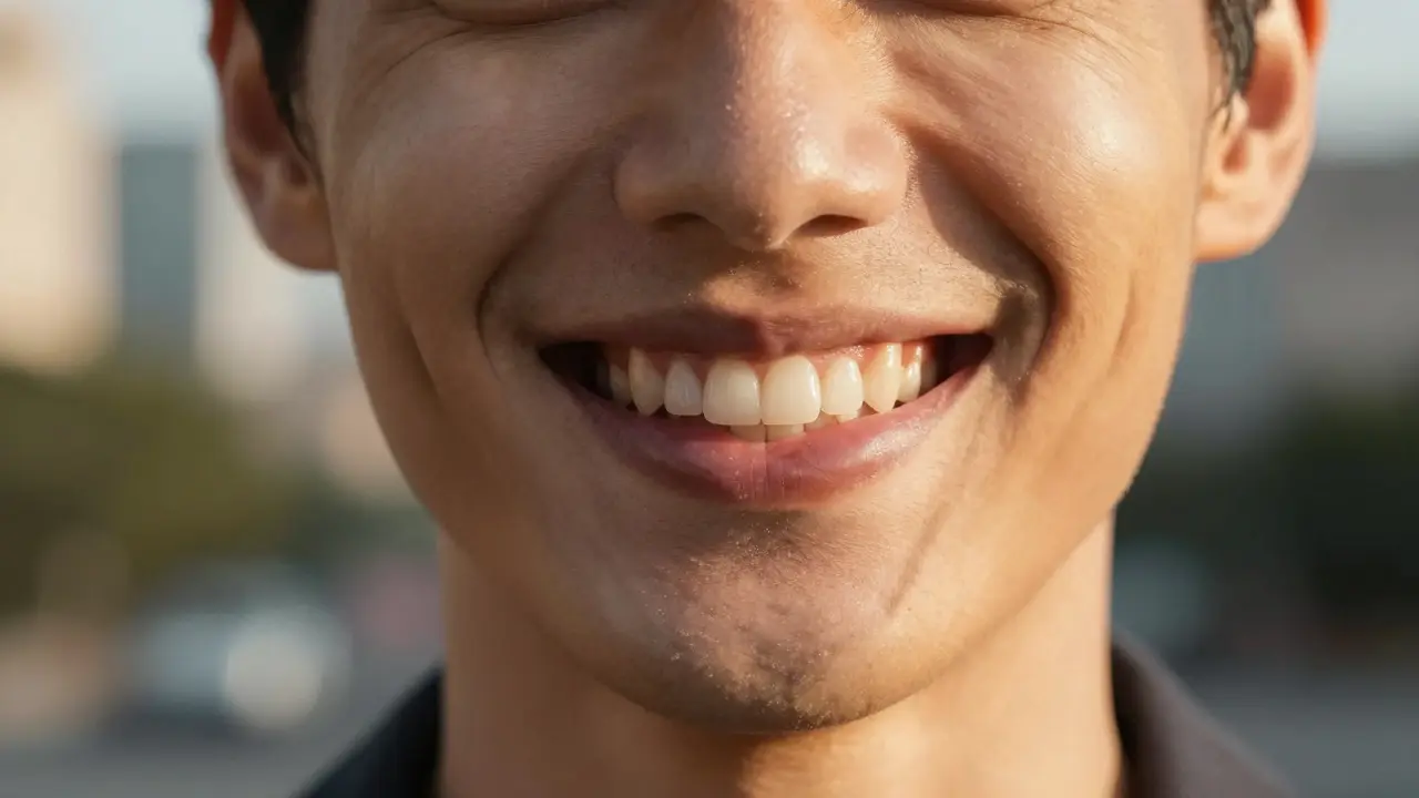 Úsměv spokojené osoby s perfektně opravenými zuby.