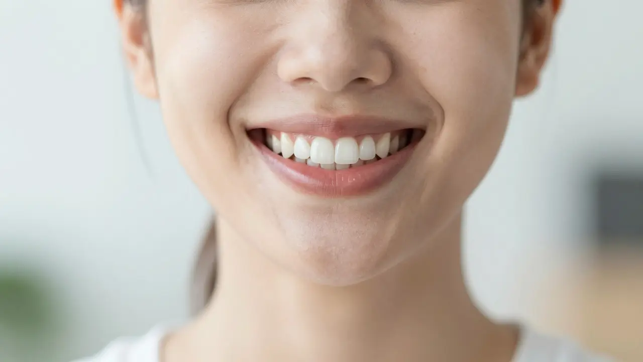 Úsměv spokojeného člověka s přirozeně bílými a symetrickými zuby.
