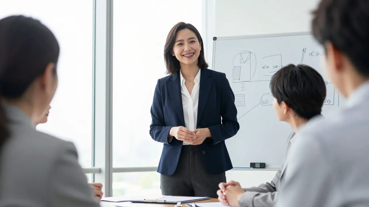 Úspěšná žena v kanceláři s diskrétními keramickými rovnátky.