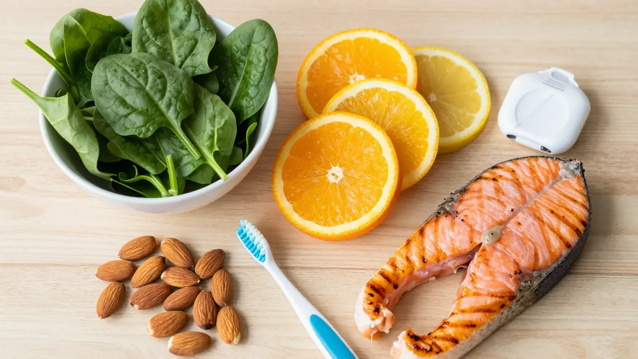 Zdravá strava pro dásně s listovou zeleninou, mandlemi, rybami a pomůckami pro hygienu.
