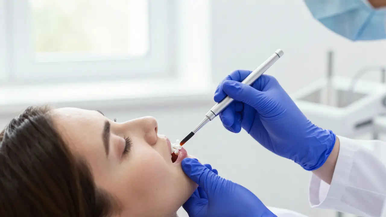 Zubní lékař nanášející ochranný fluoridový lak na zub pacienta.