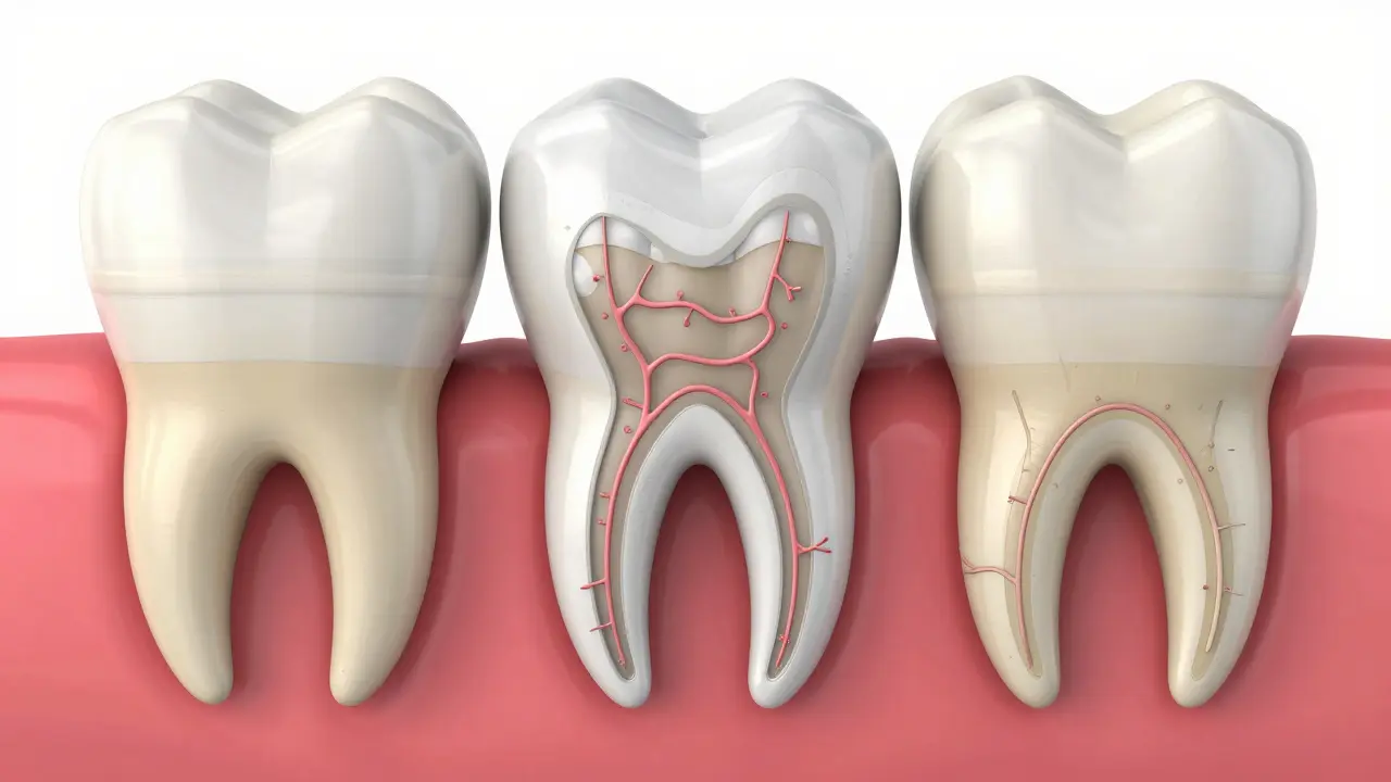 3D model zobrazující různé typy kořenů u řezáků, předstoliček a stoliček.