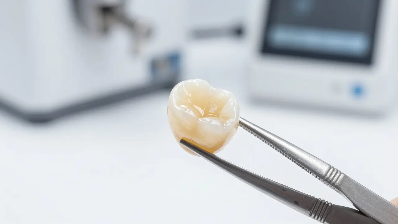 Detail kvalitní keramické zubní korunky v laboratoři
