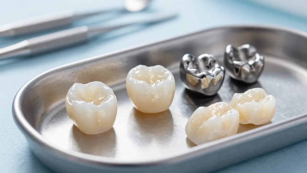 Detailní záběr různých materiálů korun pro implantáty odolných vůči skřípání