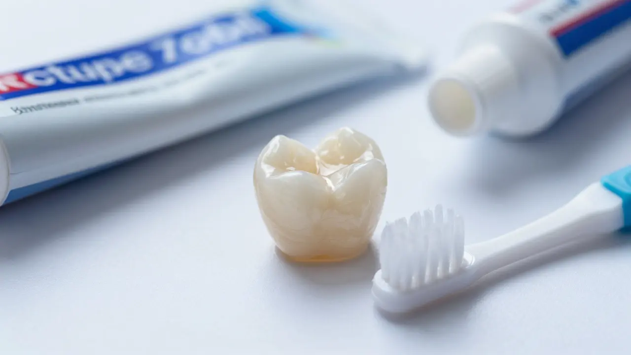 Keramická zubní korunka s pastou a kartáčkem pro péči