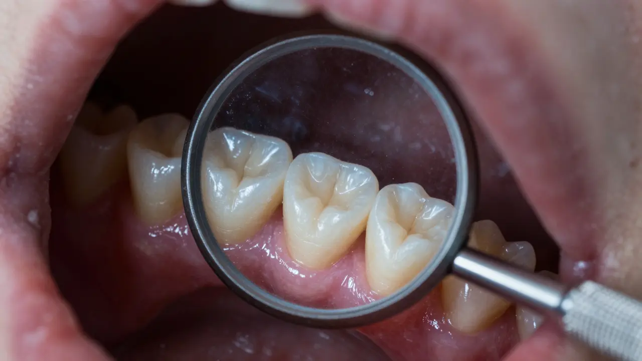 Makro pohled na zadní stěny zubů odrážející se v dentálním zrcátku s důrazem na detaily.