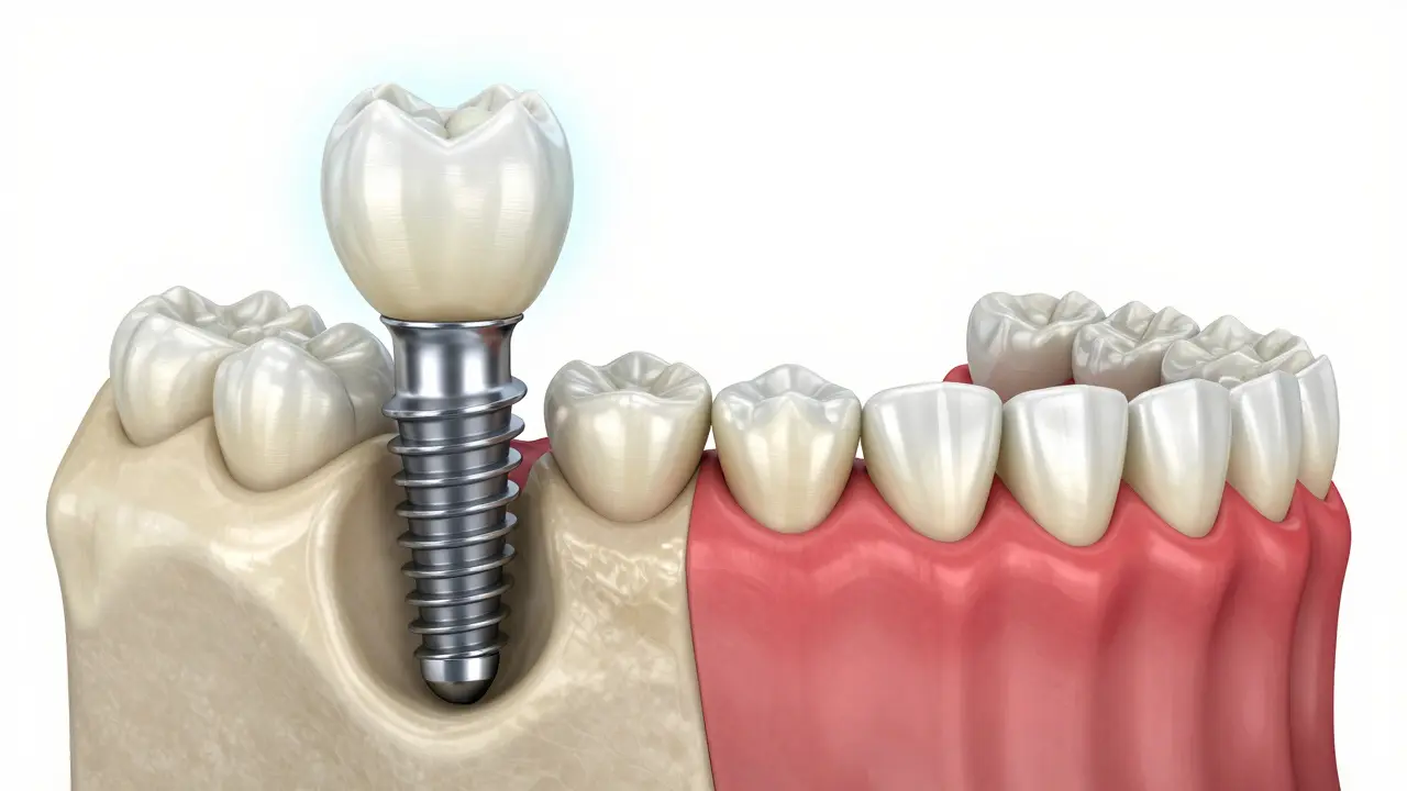 Medicínská ilustrace ukazující rozdíl mezi implantátem a volnou protézou na kosti.