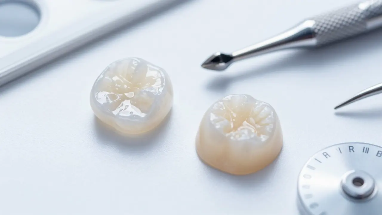 Srovnání porcelánové a kompozitní zubní fasety na klinickém stole