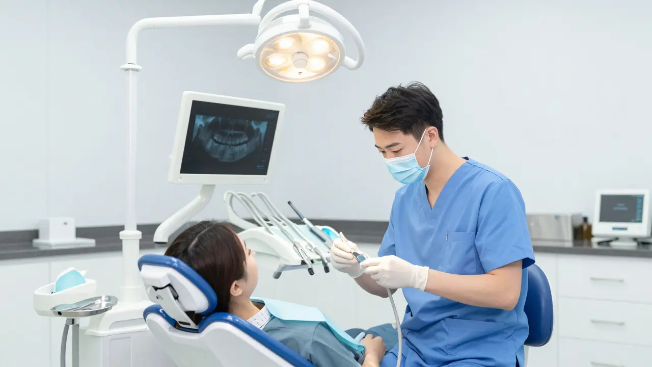 Zubní lékař vyšetřuje pacienta v klinickém prostředí