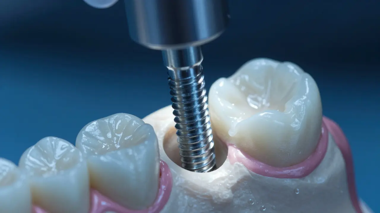Detail titanového zubního implantátu v kosti čelisti