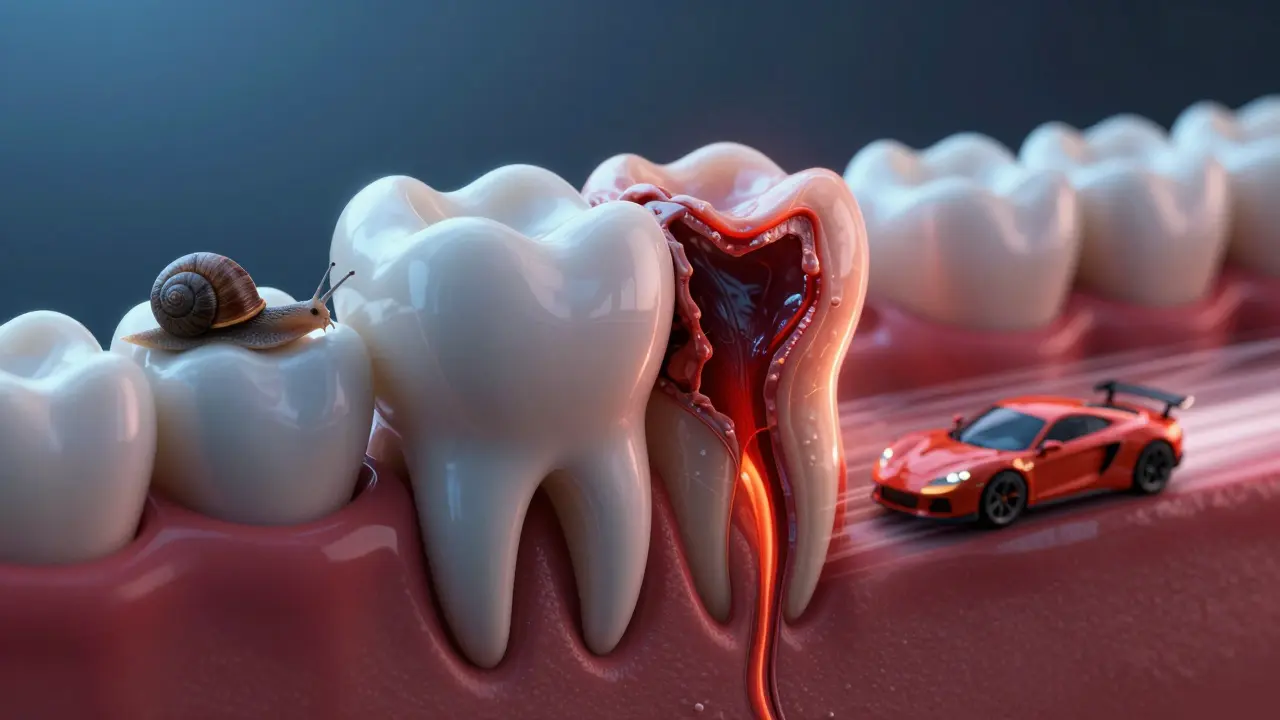 Konceptuální umění porovnávající rychlost šíření kazu ve sklovině a dentinu