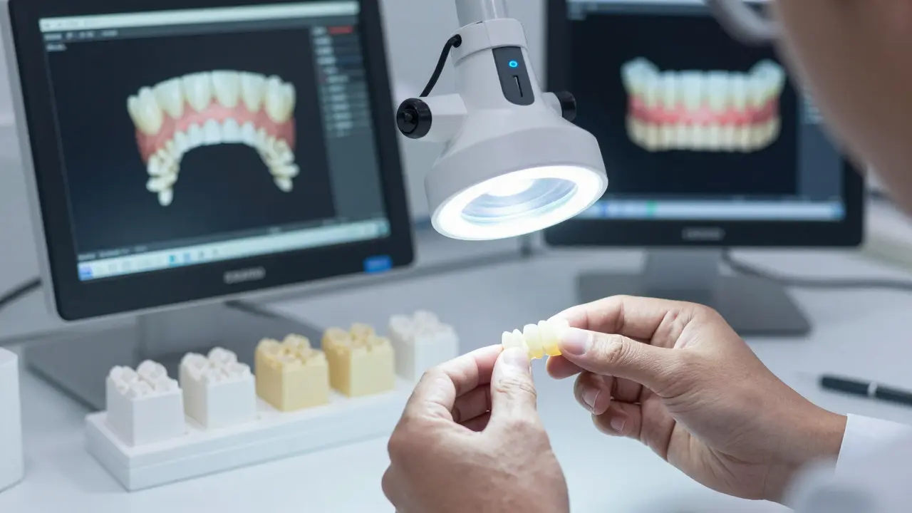 Technik v laboratoři kontroluje průsvitnou zirkonovou zubní korunku