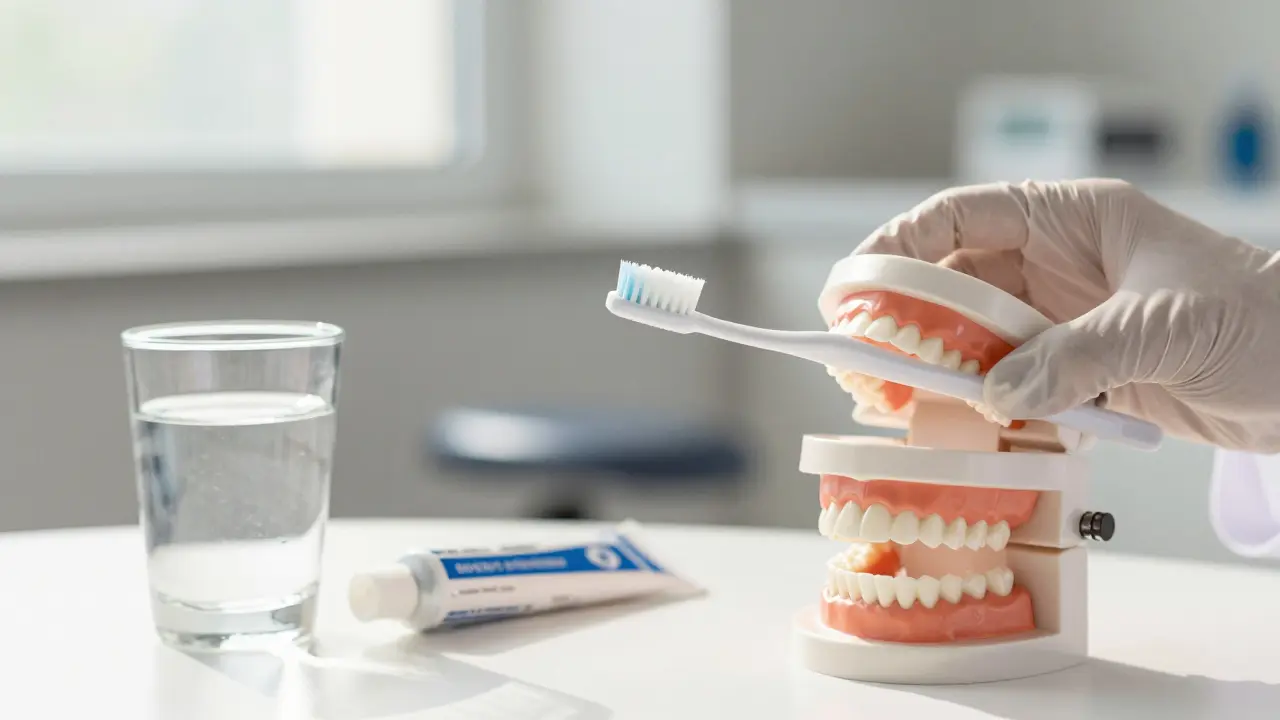 Zubní hygienik ukazuje správné čištění předních zubů