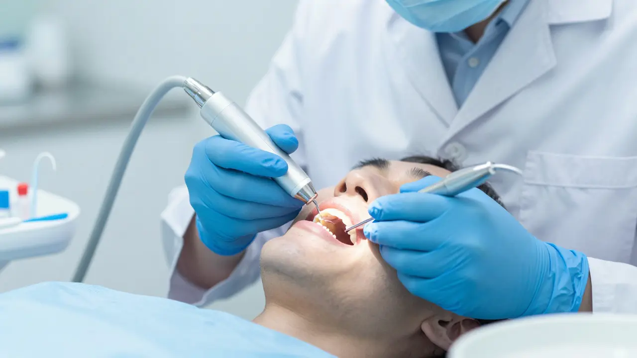 Dentální hygienistka provádí kyretáž zubů ultrazvukovým škrabkem