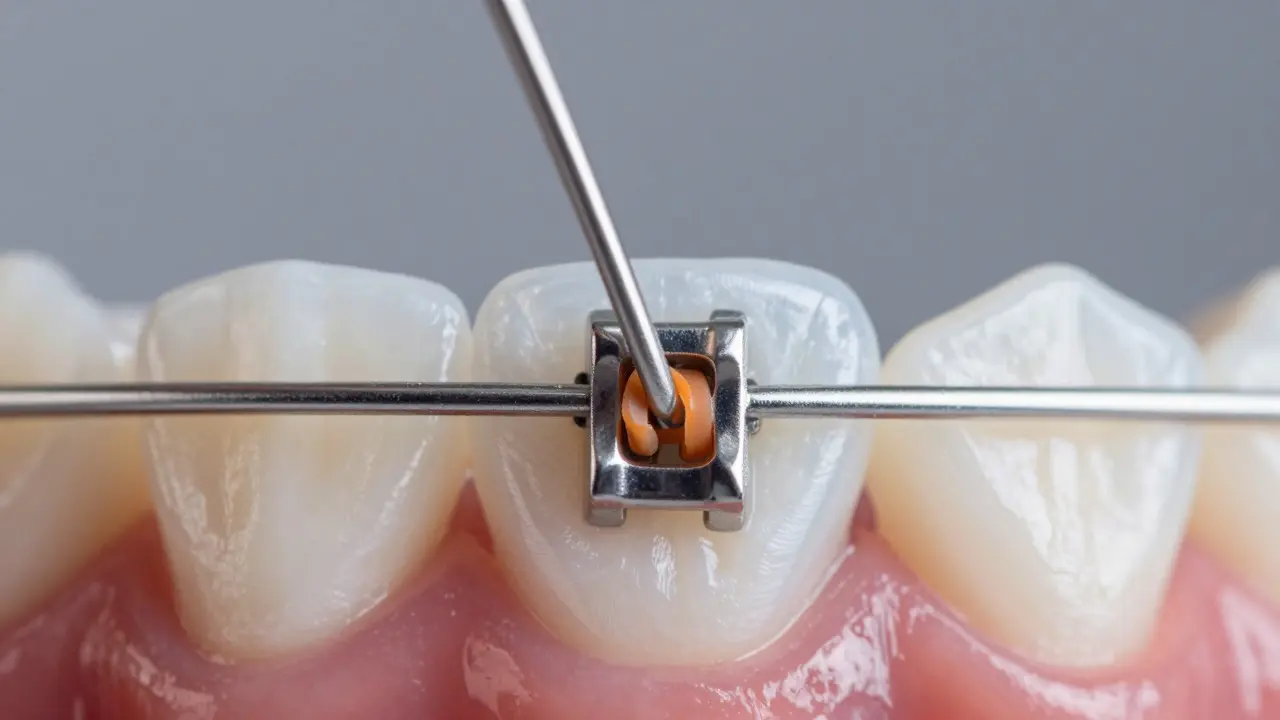 Detailní záběr kovových rovnátek na zubech s elastickými gumami