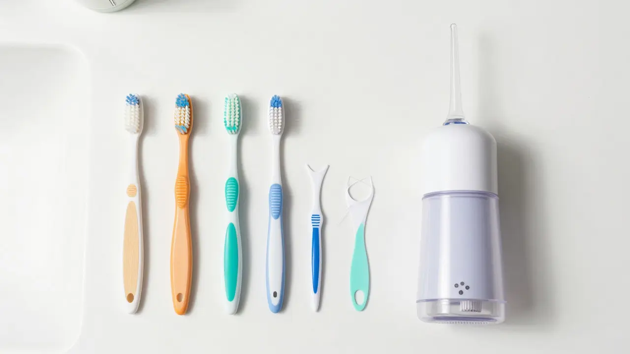 Hygienické pomůcky pro čištění rovnátek na umyvadle