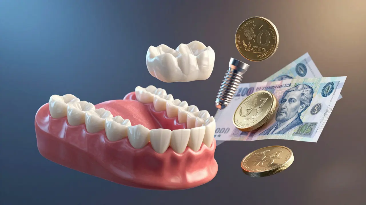 Konceptuální ilustrace zubních implantátů korunek a finančních nákladů