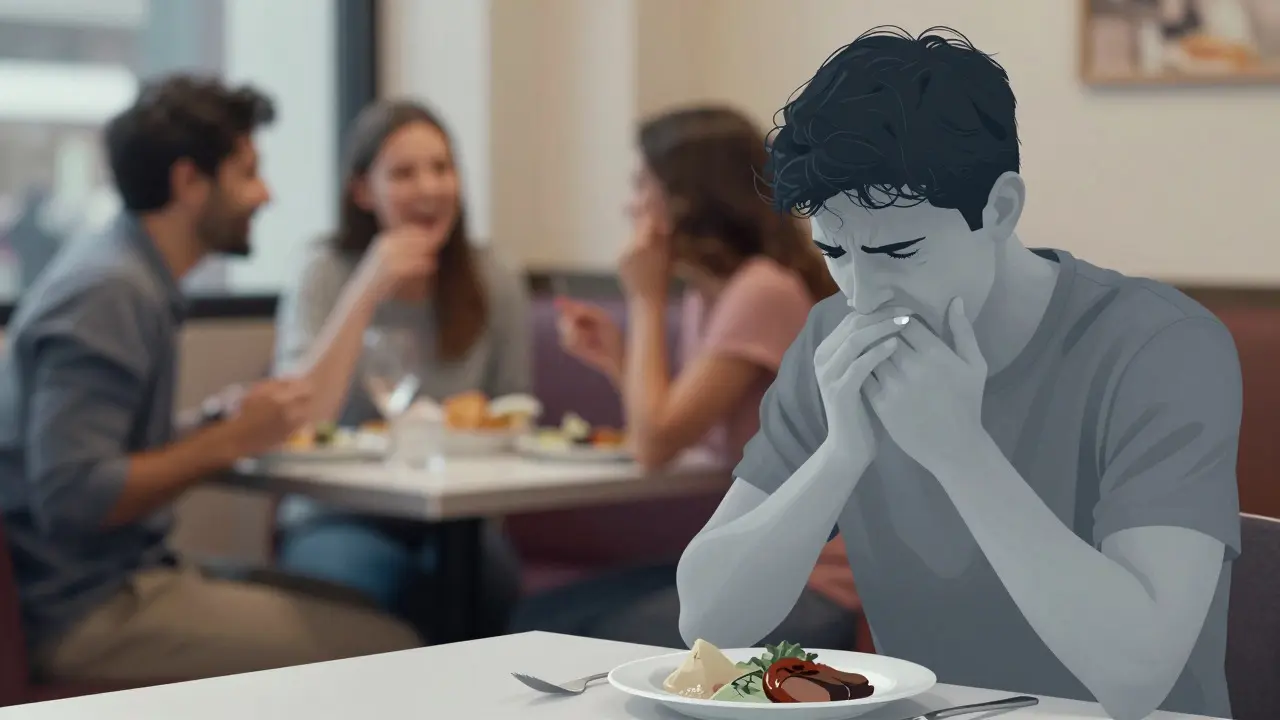 Osamělý člověk v restauraci se strachem z jídla mezi veselými přáteli