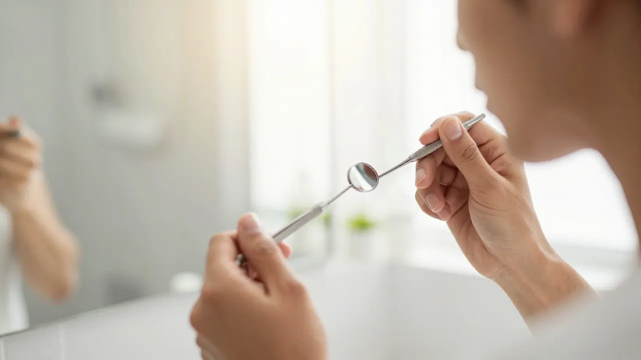 Osoba kontrolující zadní zuby pomocí dentálního zrcátka