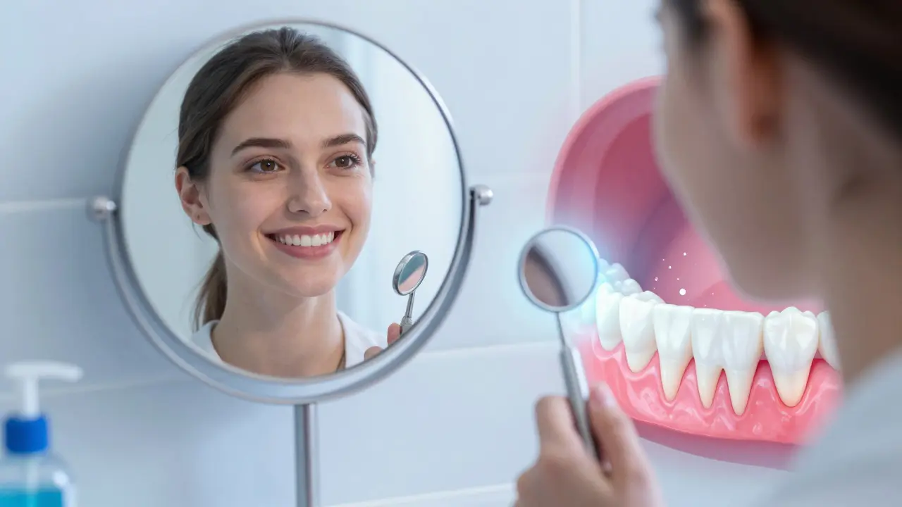 Porovnání pohledu do běžného a dentálního zrcadla