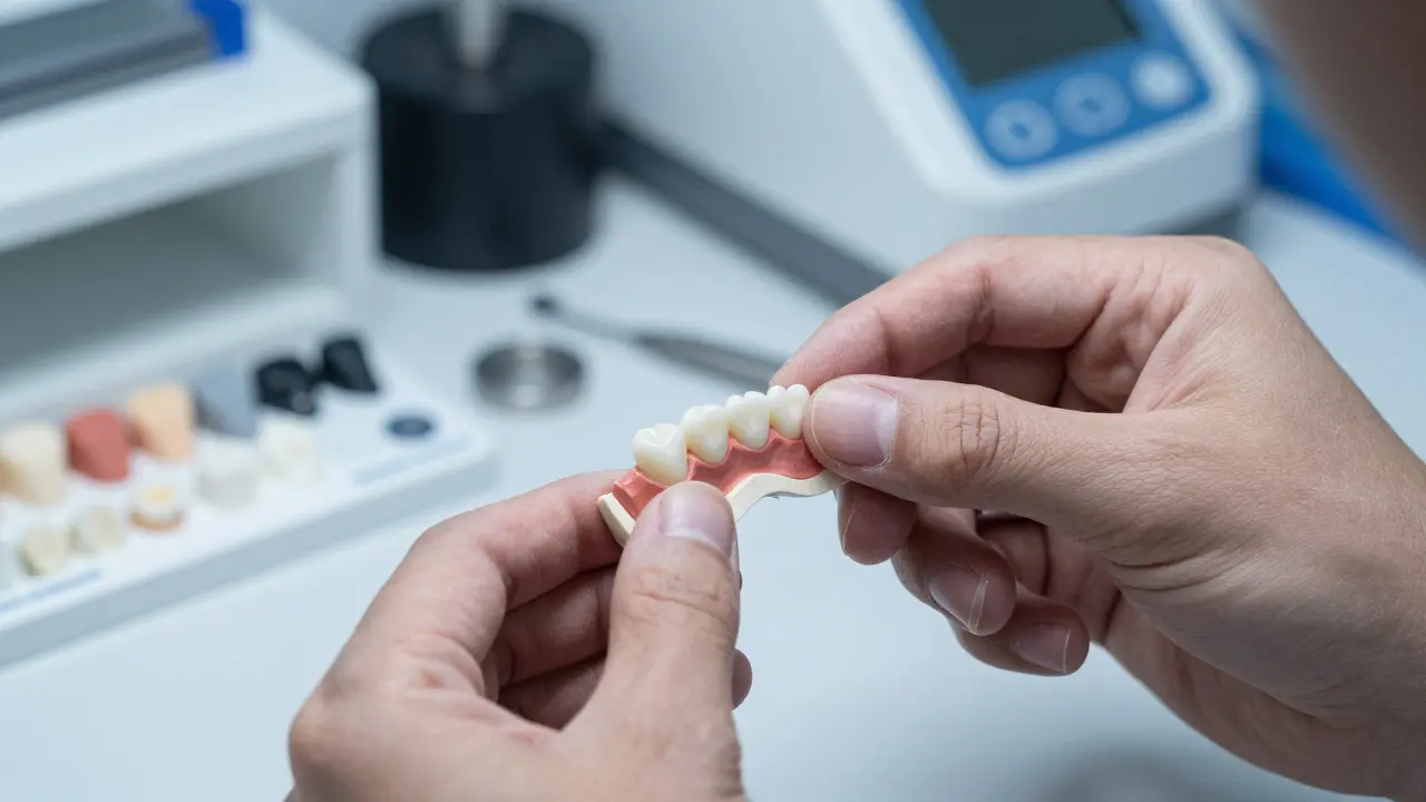 Technik v laboratoři zpracovává keramickou fazetu pro zuby