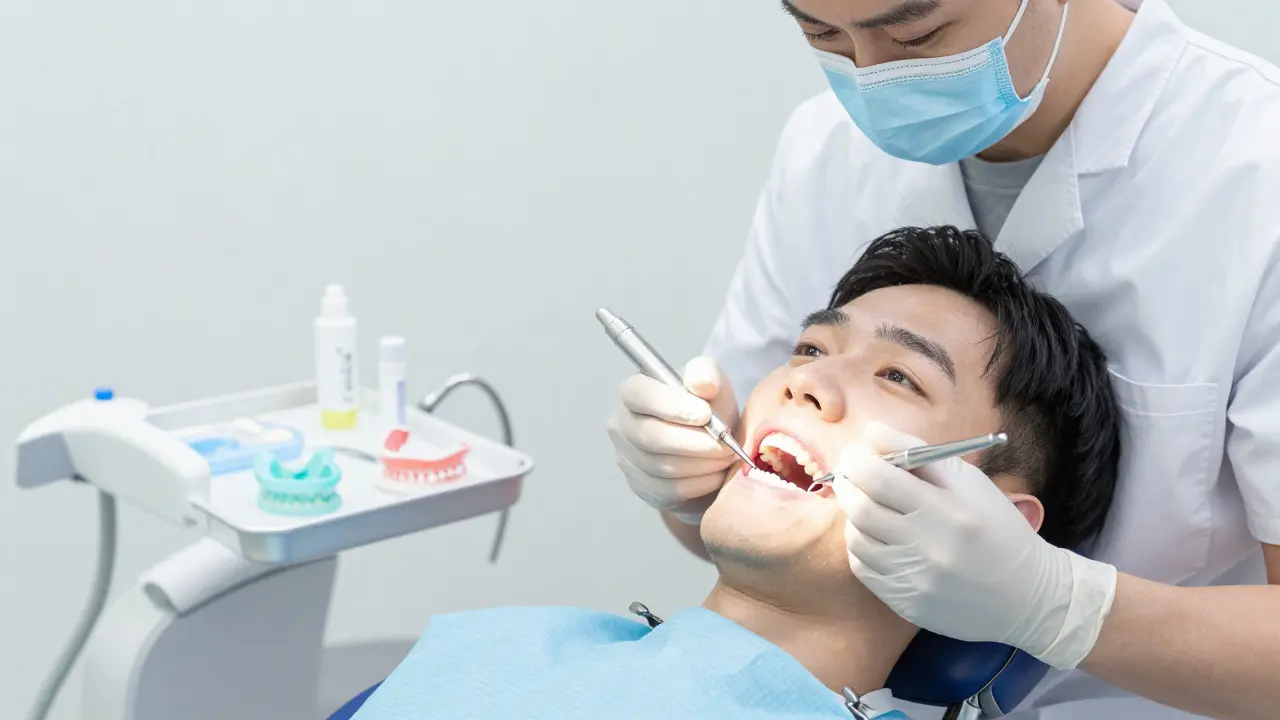Zubní lékař vyšetřuje pacienta v moderní klinice s nástroji