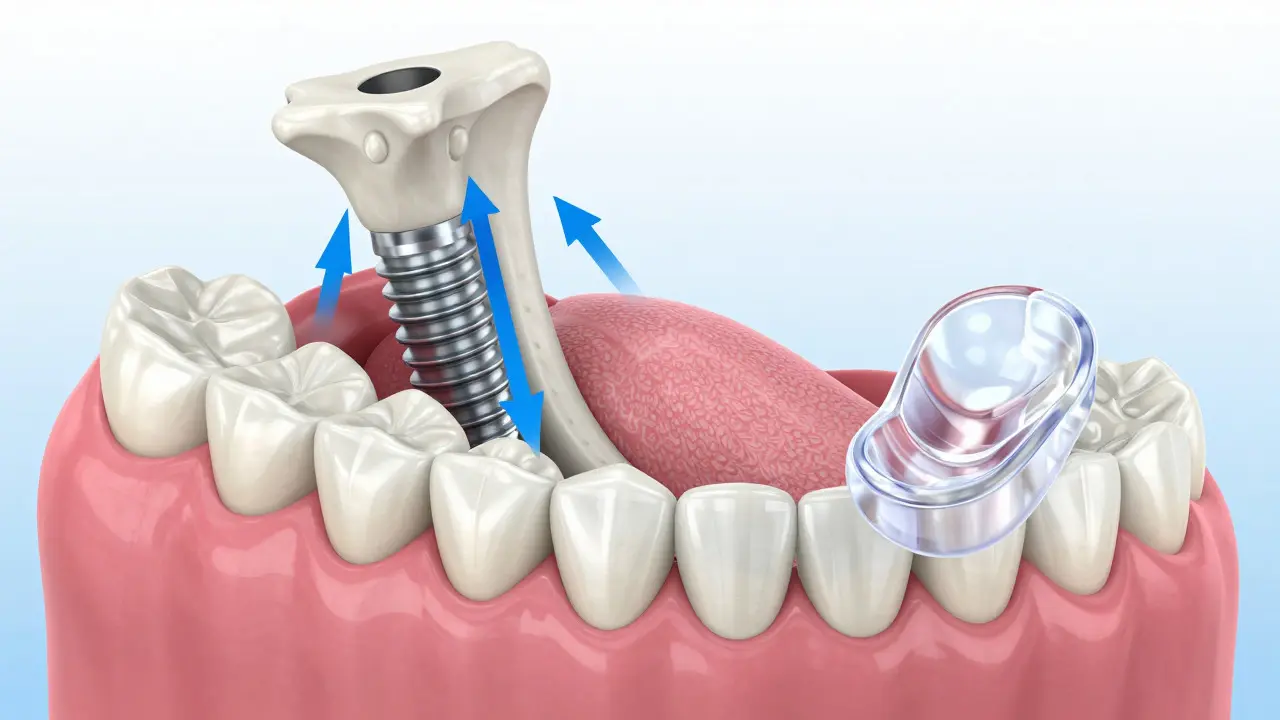 3D ilustrace zubního implantátu a ochranné chrápačky proti bruxismu