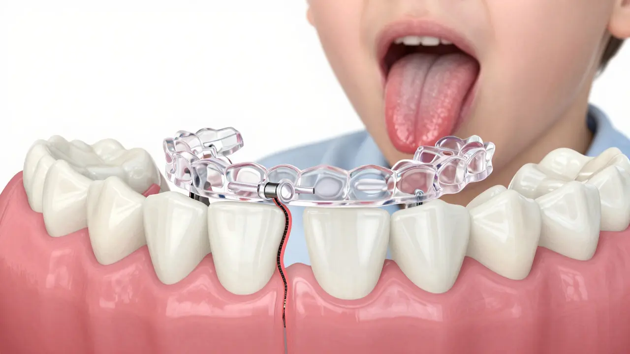 3D model ukazující rozšiřování patra pomocí ortodontického expanderu u dítěte.