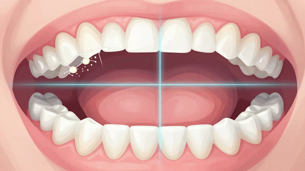 Abstraktní ilustrace úst rozdělených do čtyř kvadrantů pro čištění