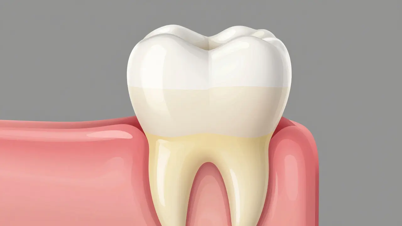 Cross-section of a tooth showing enamel and dentin layers