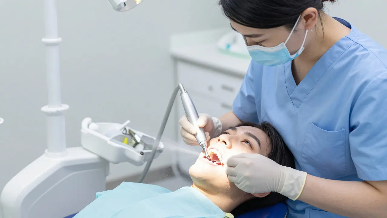 Dentální hygienistka používající ultrazvukový nástroj pro čištění zubů