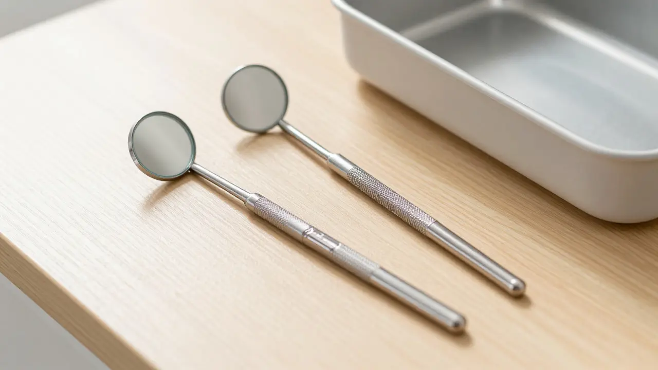 Dva typy dentálních zrcátek ležící vedle sebe na stole