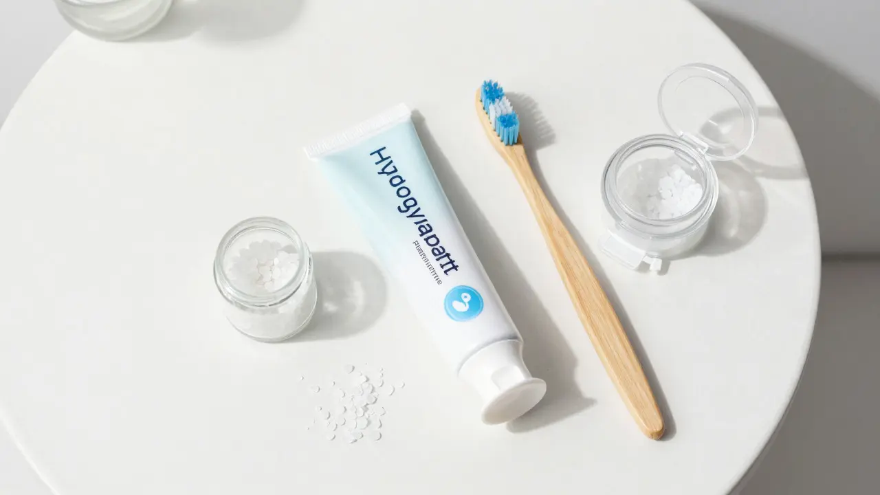 Pasta s hydroxyapatitem, měkký kartáček a xylitol na bílém podkladu