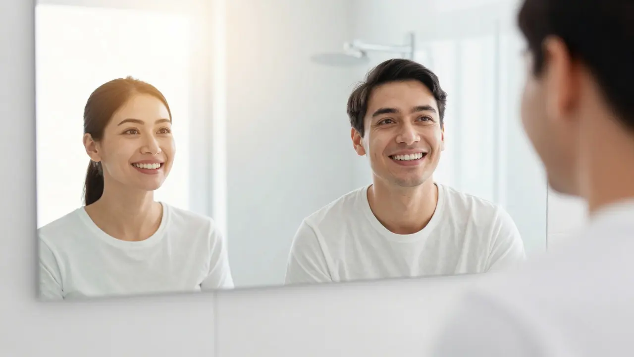 Patient smiling at their corrected alignment in a bathroom mirror