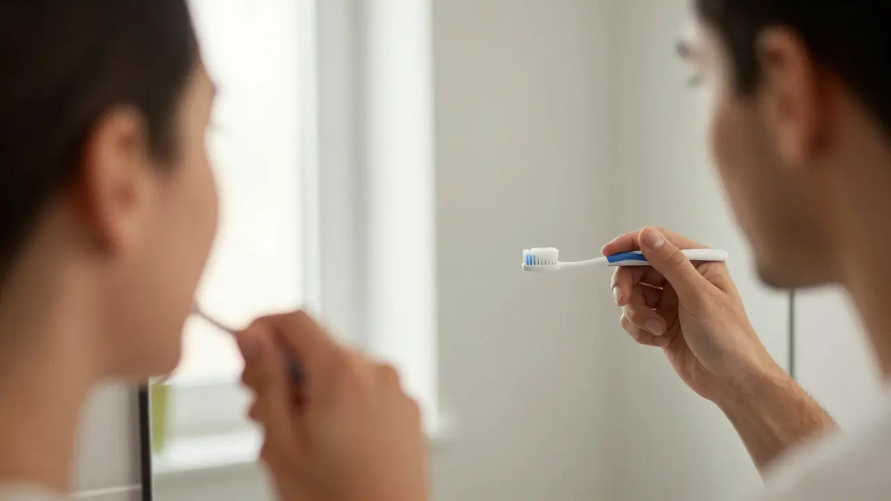 Person gently brushing teeth in a bathroom mirror with a temporary crown