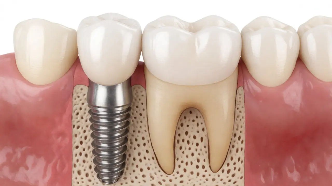 Porovnání řezu dásní s implantátem a klasickým zubním mostem.