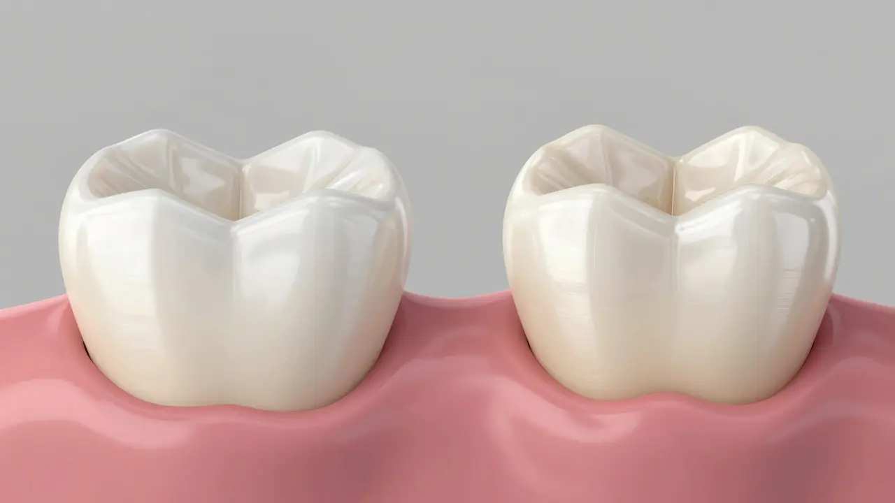 Side-by-side comparison of a matte temporary crown and a glossy metal-ceramic crown