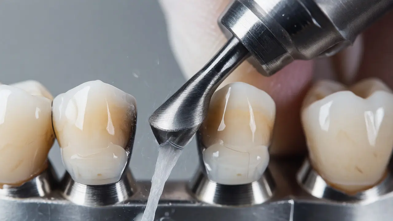 Detailní pohled na obroušení sousedních zubů do tvaru pařezů pro nasazení korunek.