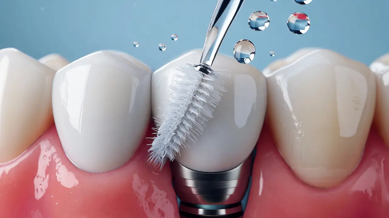 Detailní záběr na čištění mezizubního prostoru u zubního implantátu