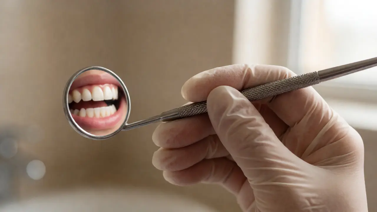 Detailní záběr na použití dentálního zrcátka pro kontrolu dásní a zubů.