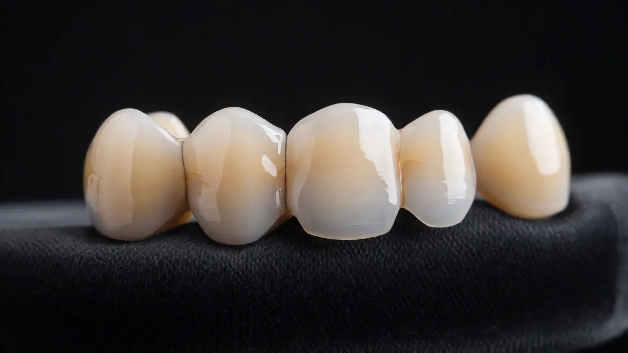Estetický celokeramický zubní můstek ležící na tmavém pozadí vedle porcelánových fazet.