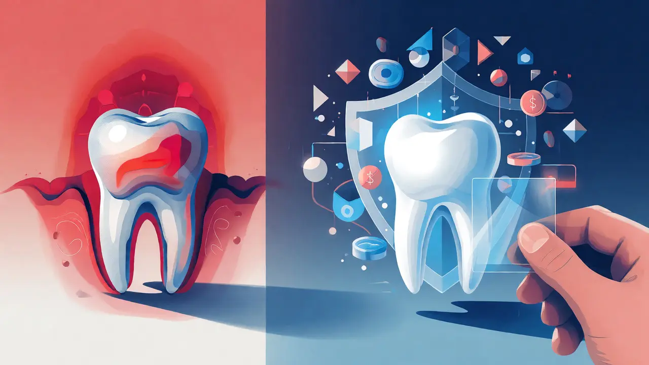 Ilustrace ochrany zdravého zubu před zánětem pomocí pojištění.