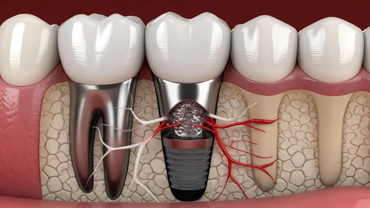 Ilustrace osteointegrace: srůstání titanového implantátu s kostí pod keramickou korunkou.