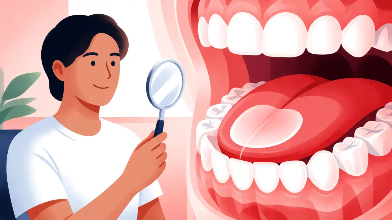 Ilustrace sebevzdělávání v ústní hygieně pomocí dentálního zrcátka.