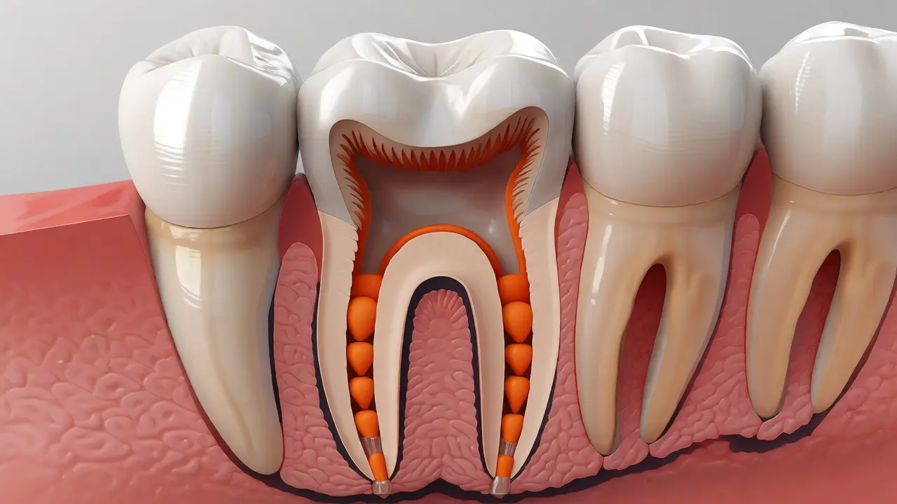 Řez zubem po endodoncii s výplní kanálků
