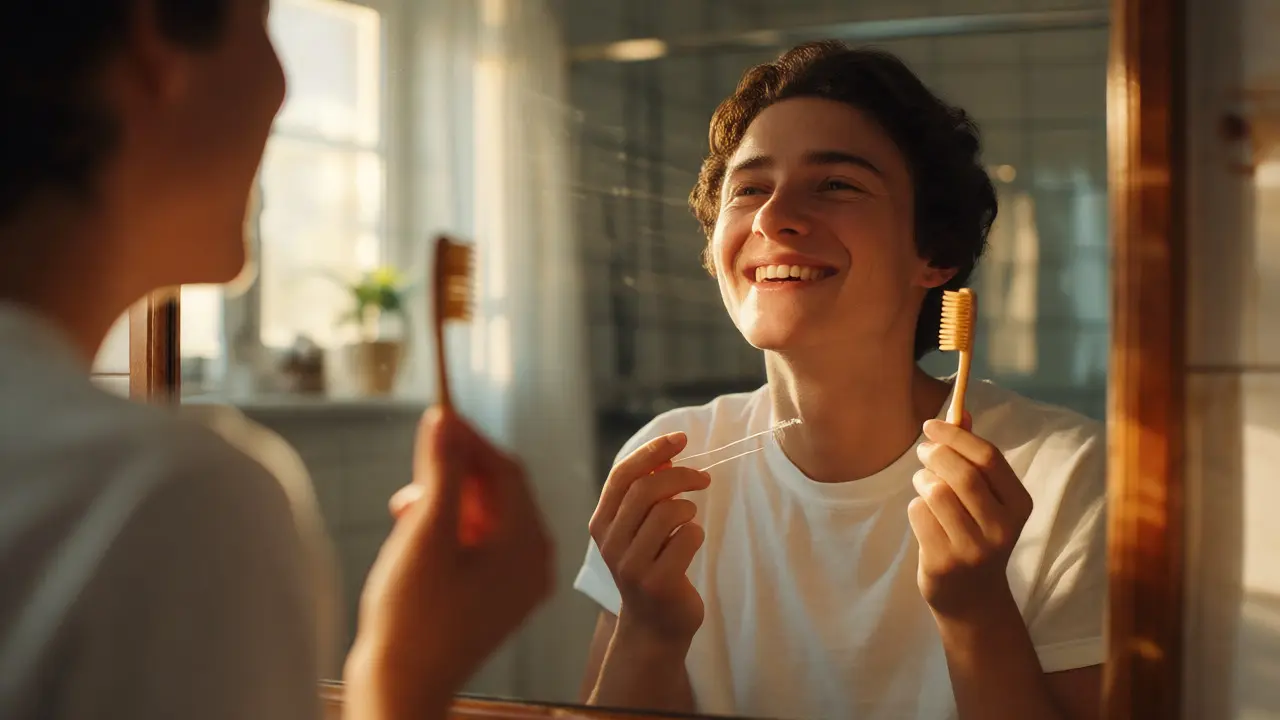 Spokojený člověk se usmívá do zrcadla po dentální hygieně.