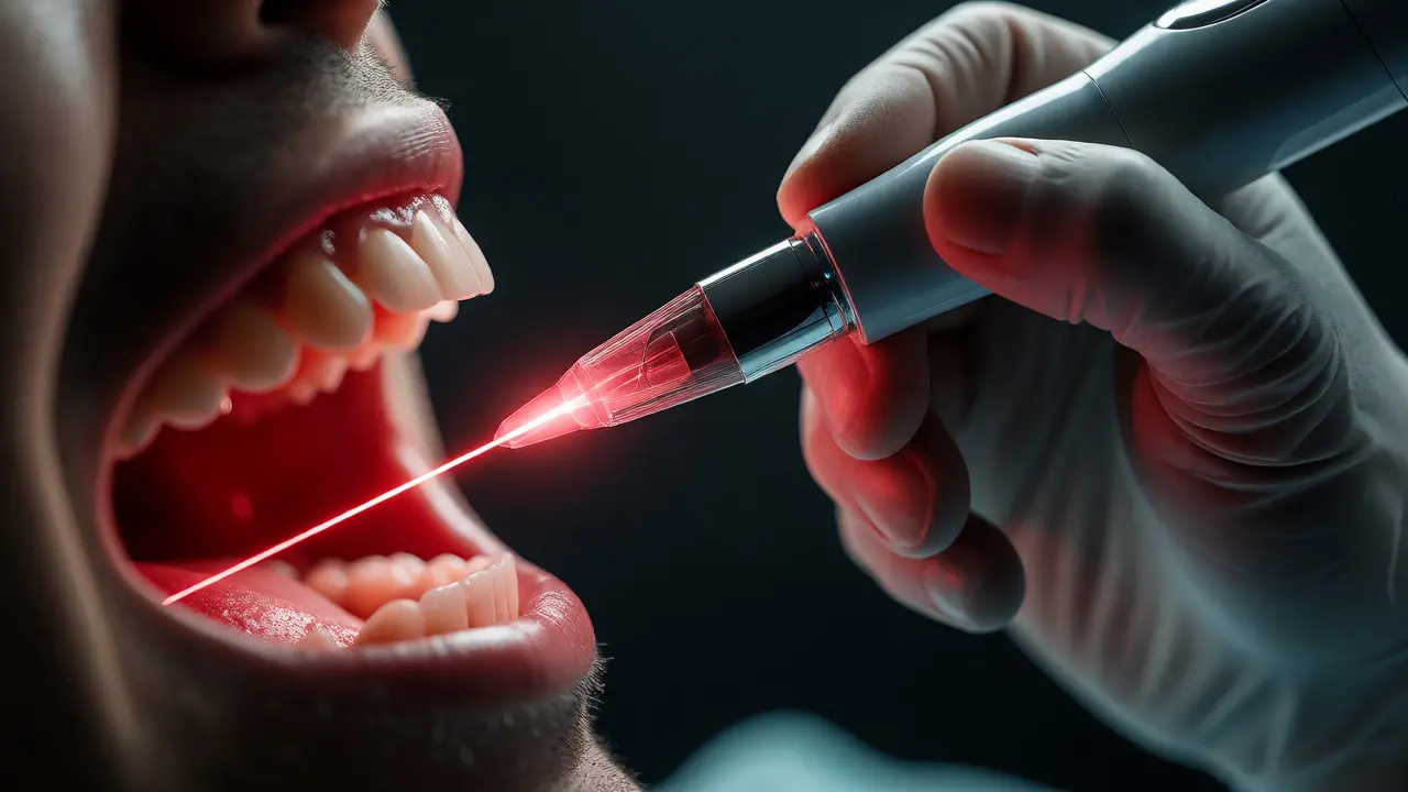 Dentista používá laserový přístroj k ošetření parodontitidy
