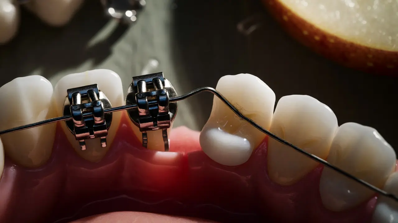 Detailní záběr na poškozený kovový bracket na zubu, ilustrující riziko úrazu během léčby.