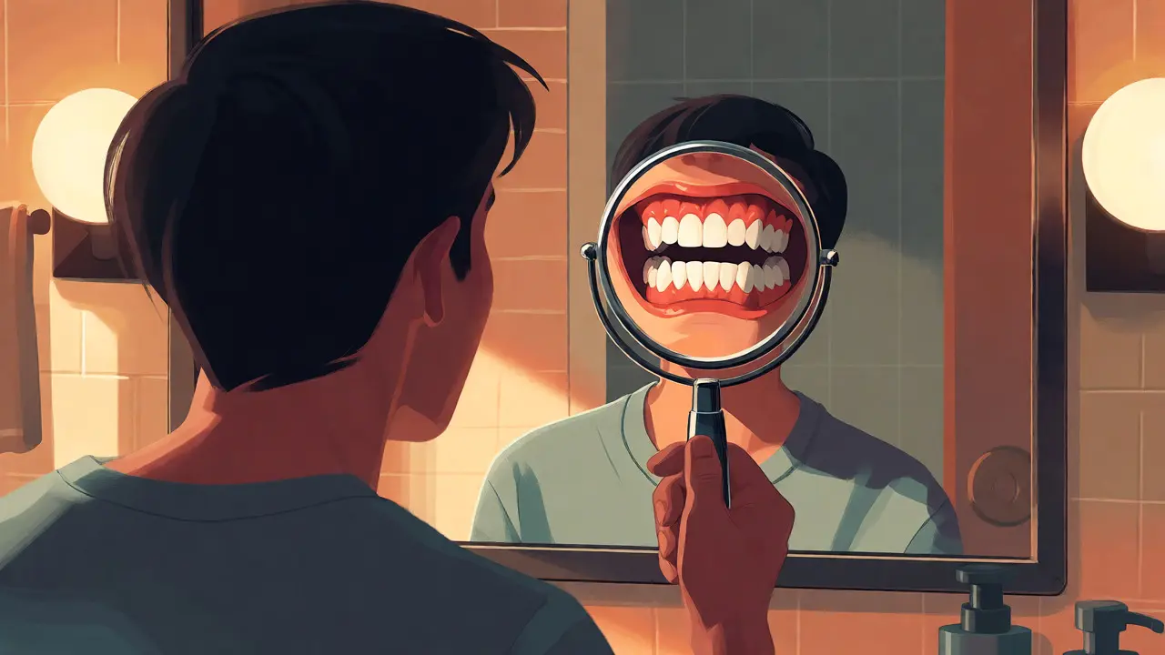 Ilustrace osoby používající dentální zrcátko pro kontrolu zubů doma.